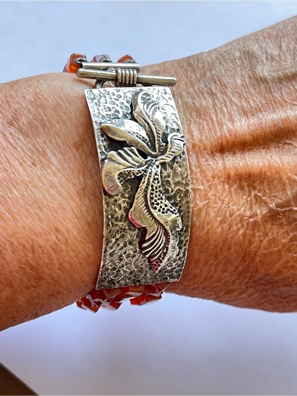 RARE Retired Floral Silpada 925 Sterling and Carnelian 3-Strand Cube Bracelet